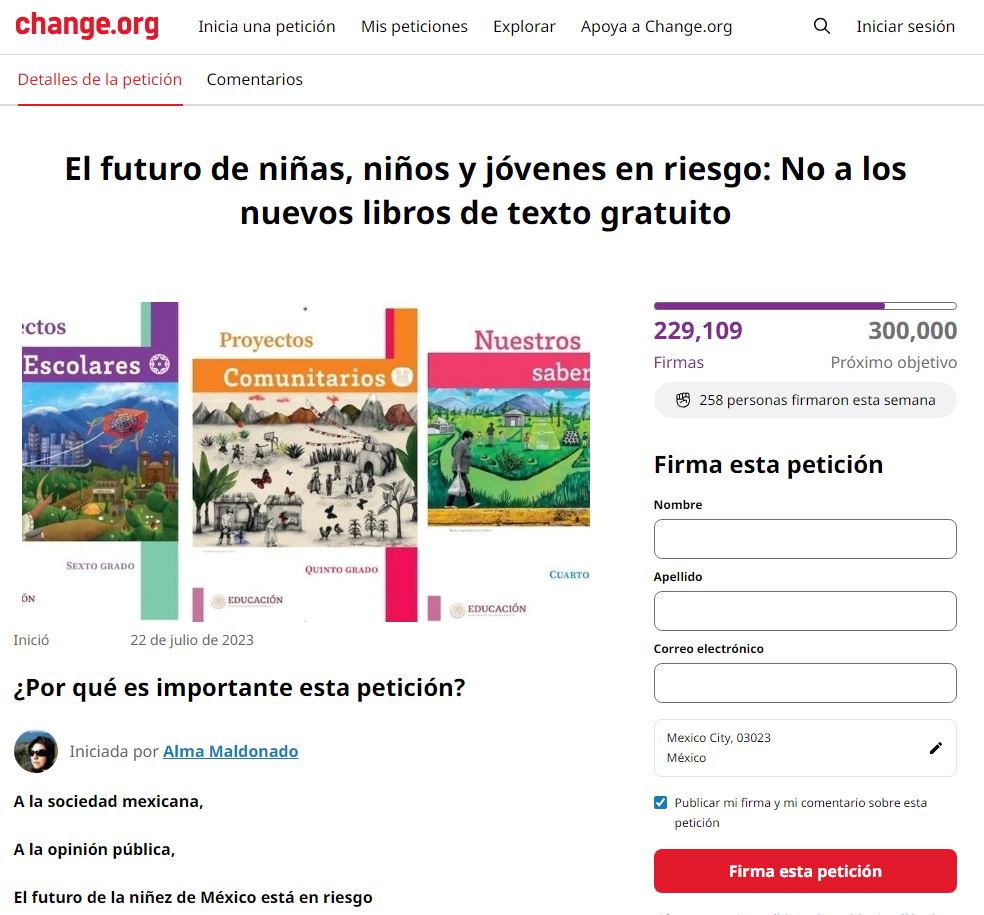 Captura de petición en Change.org contra libros de la SEP