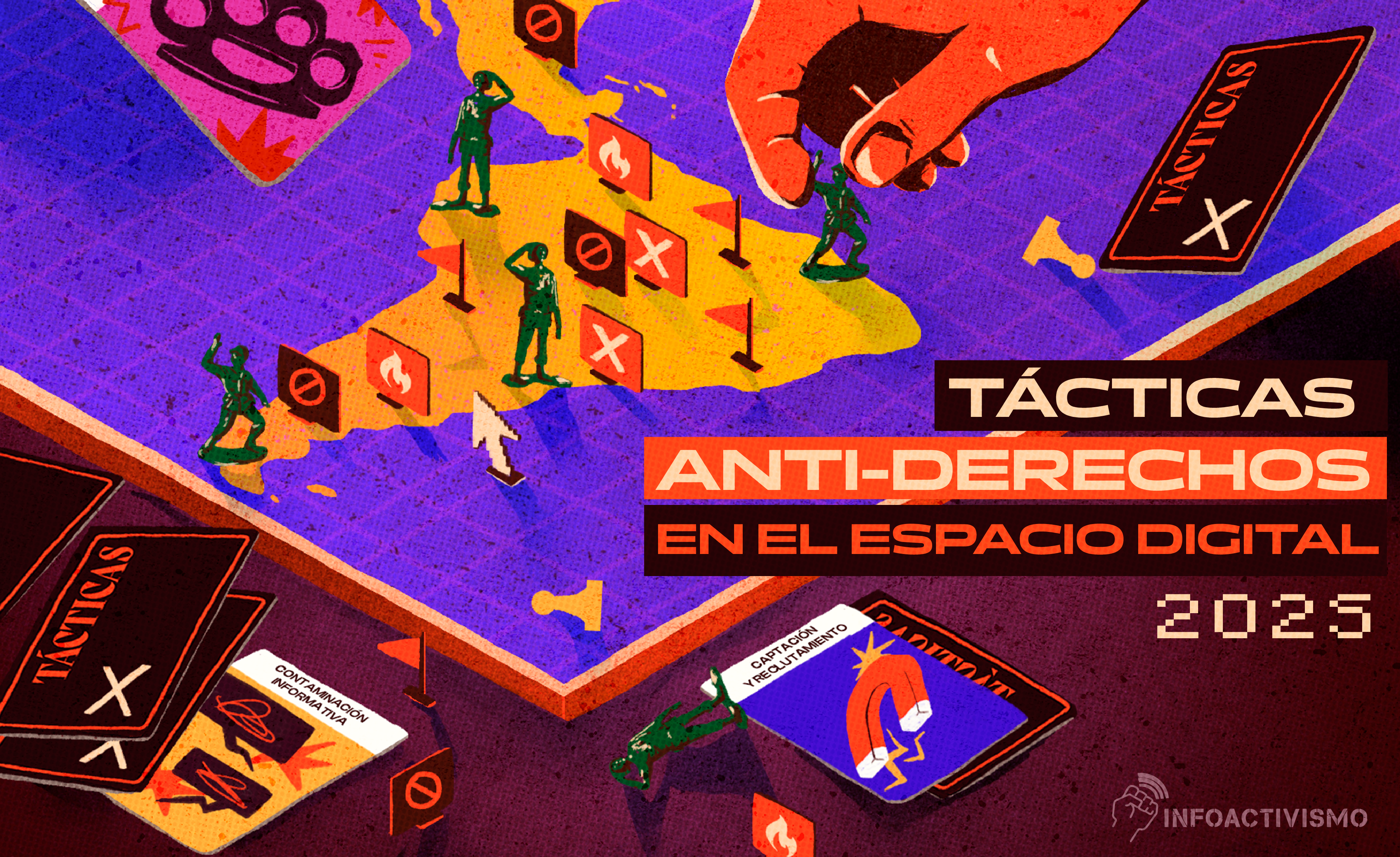 tacticas antiderechos en el espacio digial 2025. Un tablero con el mapa de Latinoamérica que simula las tácticas utilizadas por grupos antiderechos.