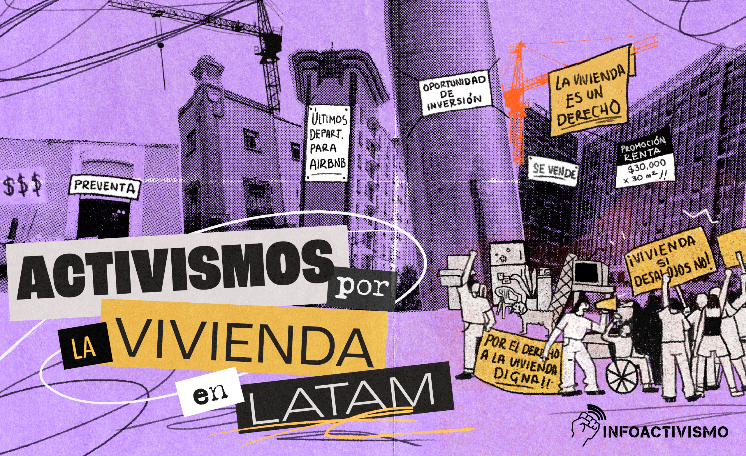portada_activismos_vivienda imagen morada con edificios, como título: activismos por la vivienda en Latinoamérica