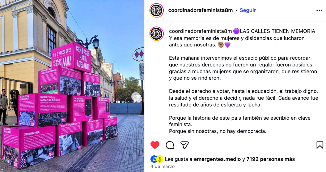 Intervención en Santiago Chile Hitos del feminismo 8M 2026<br />
